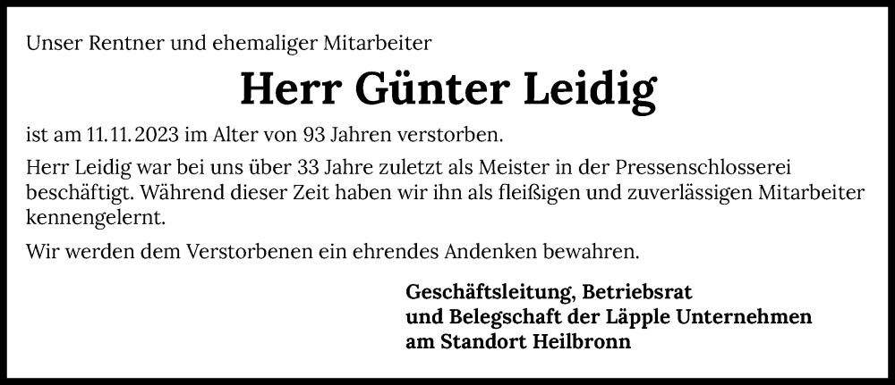  Traueranzeige für Günter Leidig vom 25.11.2023 aus GESAMT