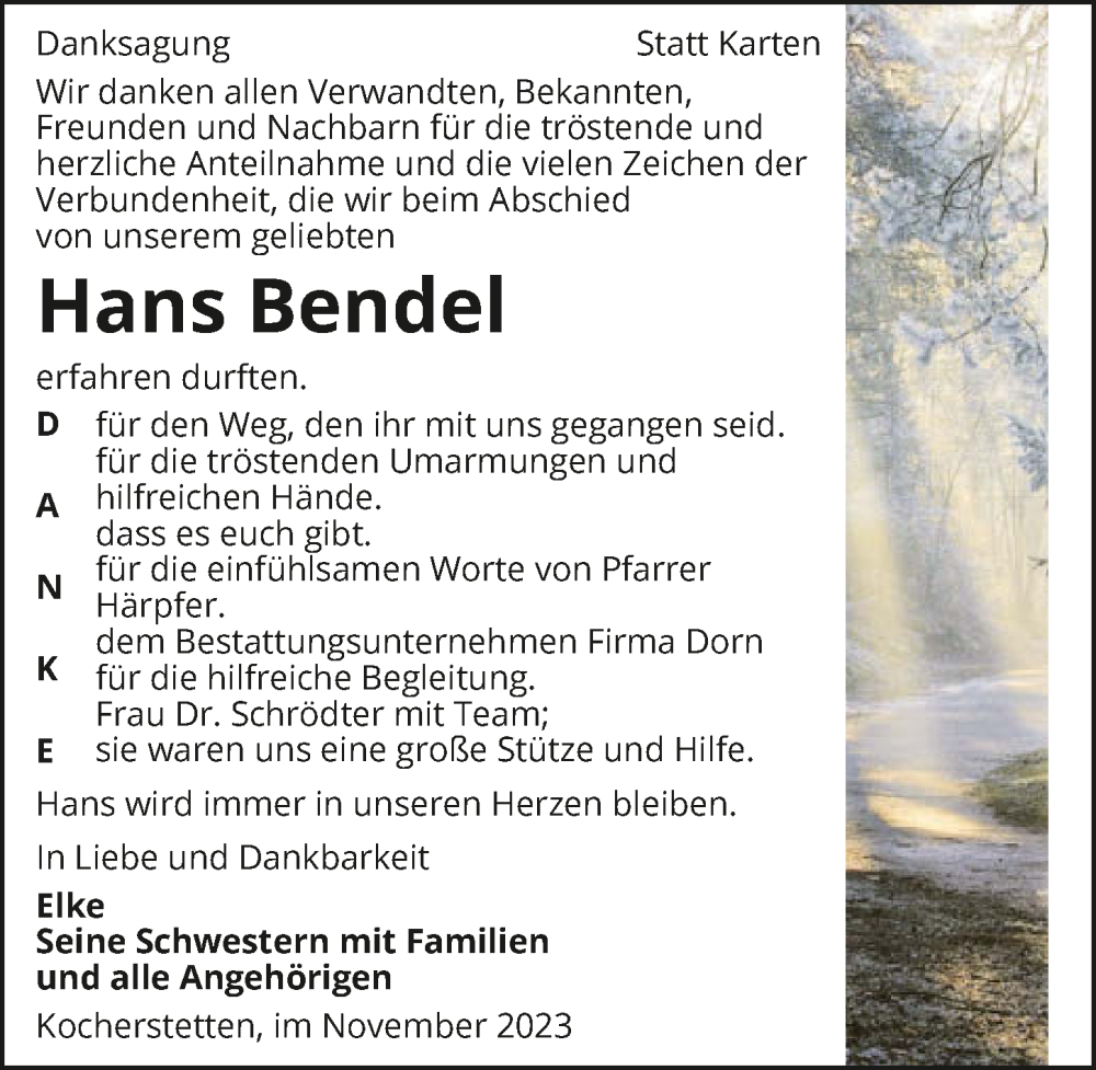  Traueranzeige für Hans Bendel vom 11.11.2023 aus GESAMT