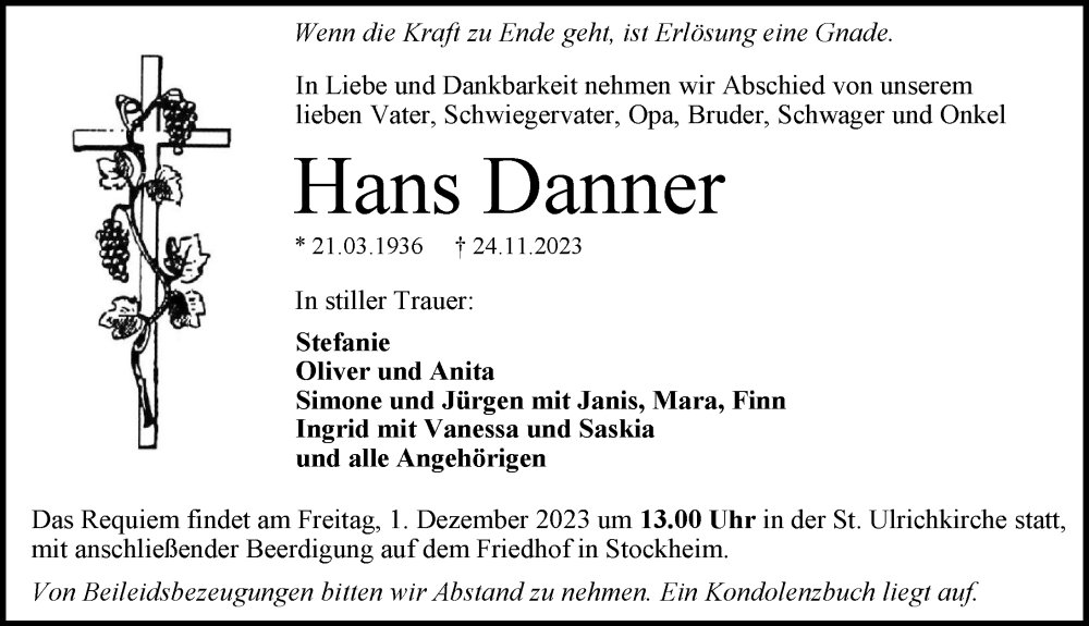  Traueranzeige für Hans Danner vom 28.11.2023 aus GESAMT