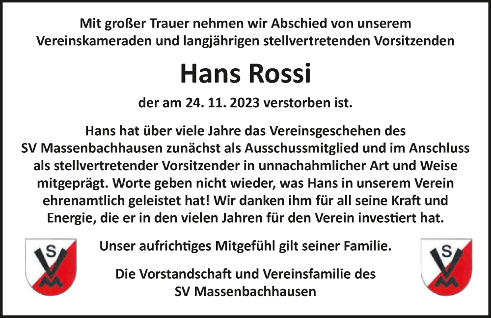  Traueranzeige für Hans Rossi vom 29.11.2023 aus GESAMT