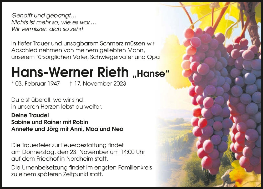  Traueranzeige für Hans-Werner Rieth vom 21.11.2023 aus GESAMT