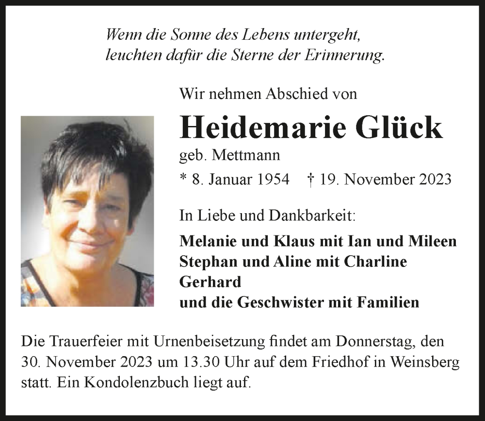  Traueranzeige für Heidemarie Glück vom 25.11.2023 aus GESAMT