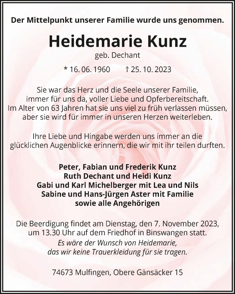  Traueranzeige für Heidemarie Kunz vom 02.11.2023 aus GESAMT