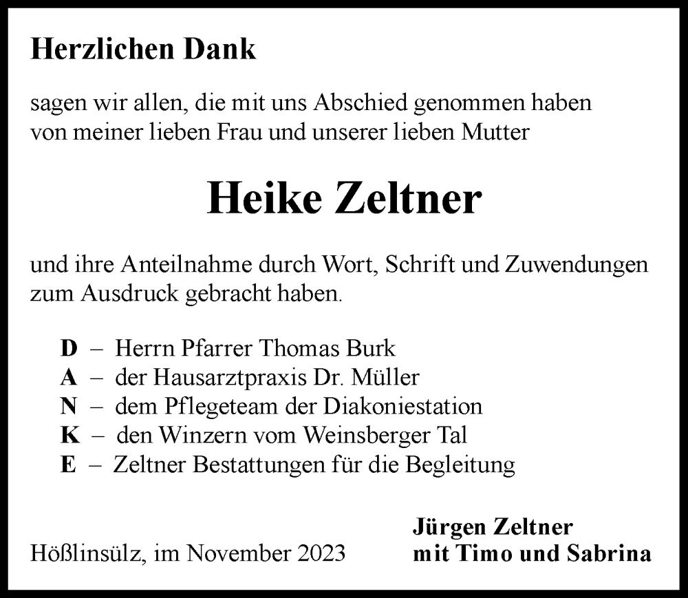  Traueranzeige für Heike Zeltner vom 25.11.2023 aus GESAMT