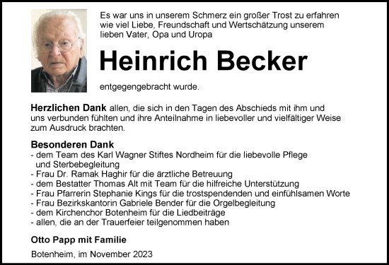 Traueranzeige von Heinrich Becker von GESAMT