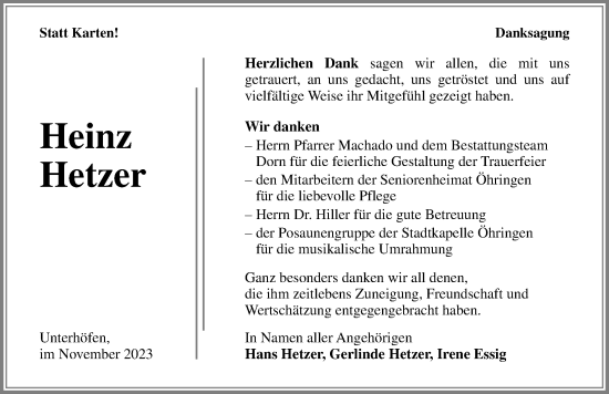 Traueranzeige von Heinz Hetzer von GESAMT