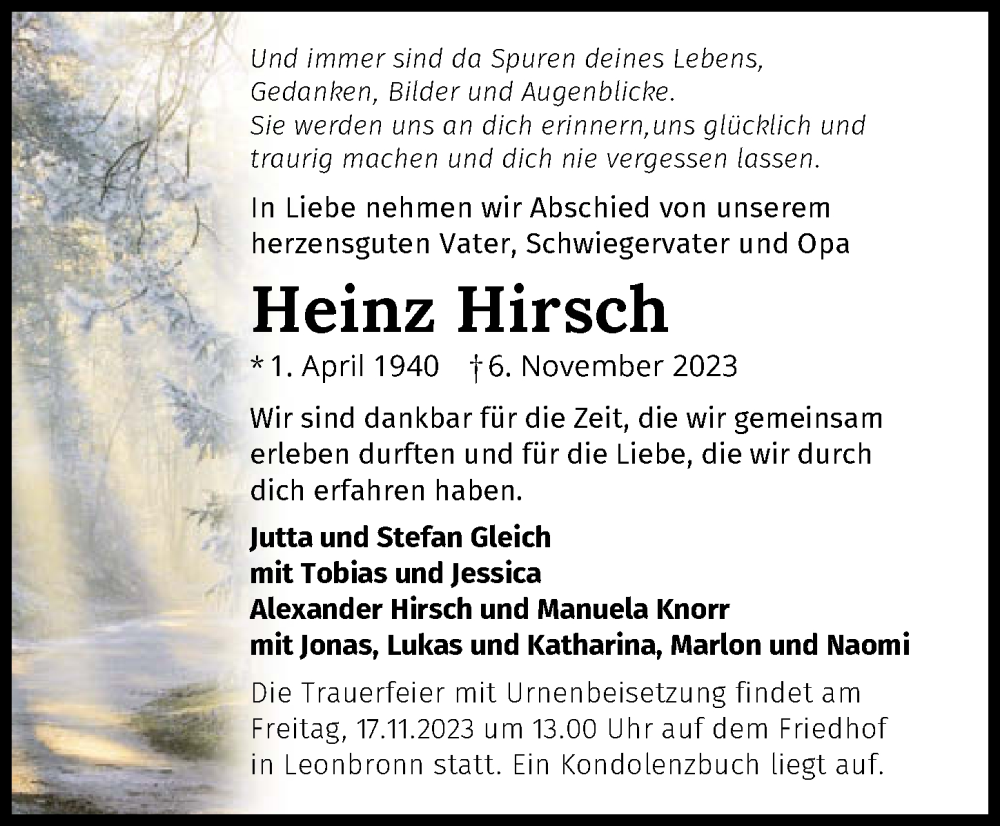  Traueranzeige für Heinz Hirsch vom 11.11.2023 aus GESAMT