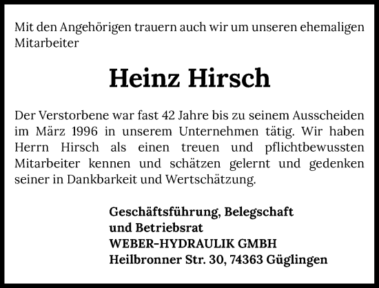 Traueranzeige von Heinz Hirsch von GESAMT