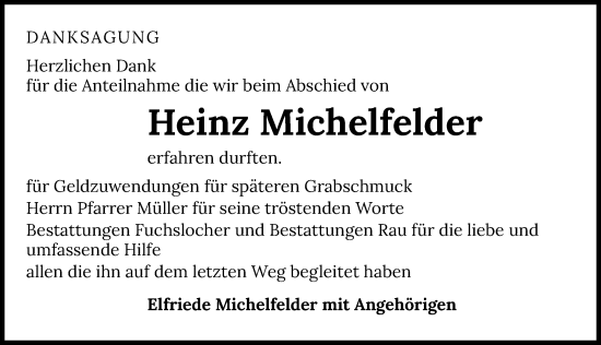 Traueranzeige von Heinz Michelfelder von GESAMT