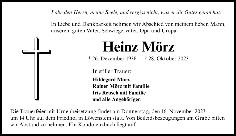  Traueranzeige für Heinz Mörz vom 11.11.2023 aus GESAMT