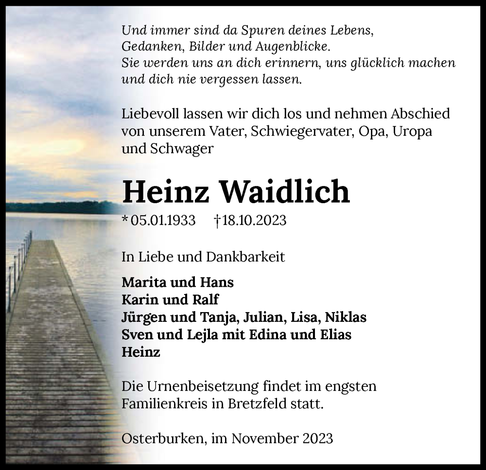  Traueranzeige für Heinz Waidlich vom 08.11.2023 aus GESAMT
