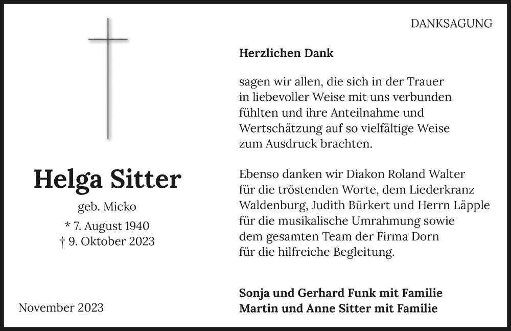  Traueranzeige für Helga Sitter vom 04.11.2023 aus GESAMT