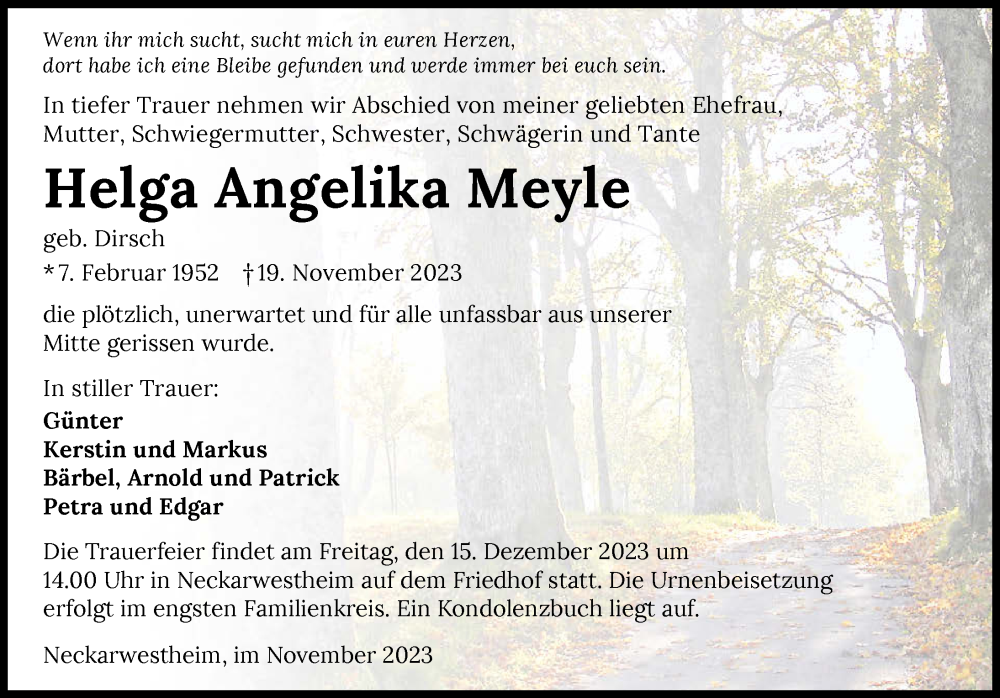 Traueranzeige für Helga Angelika Meyle vom 25.11.2023 aus GESAMT