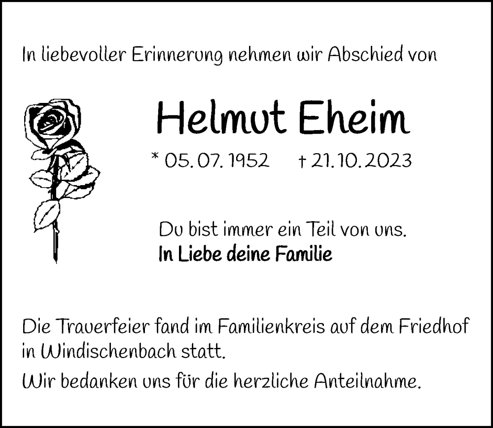  Traueranzeige für Helmut Eheim vom 04.11.2023 aus GESAMT