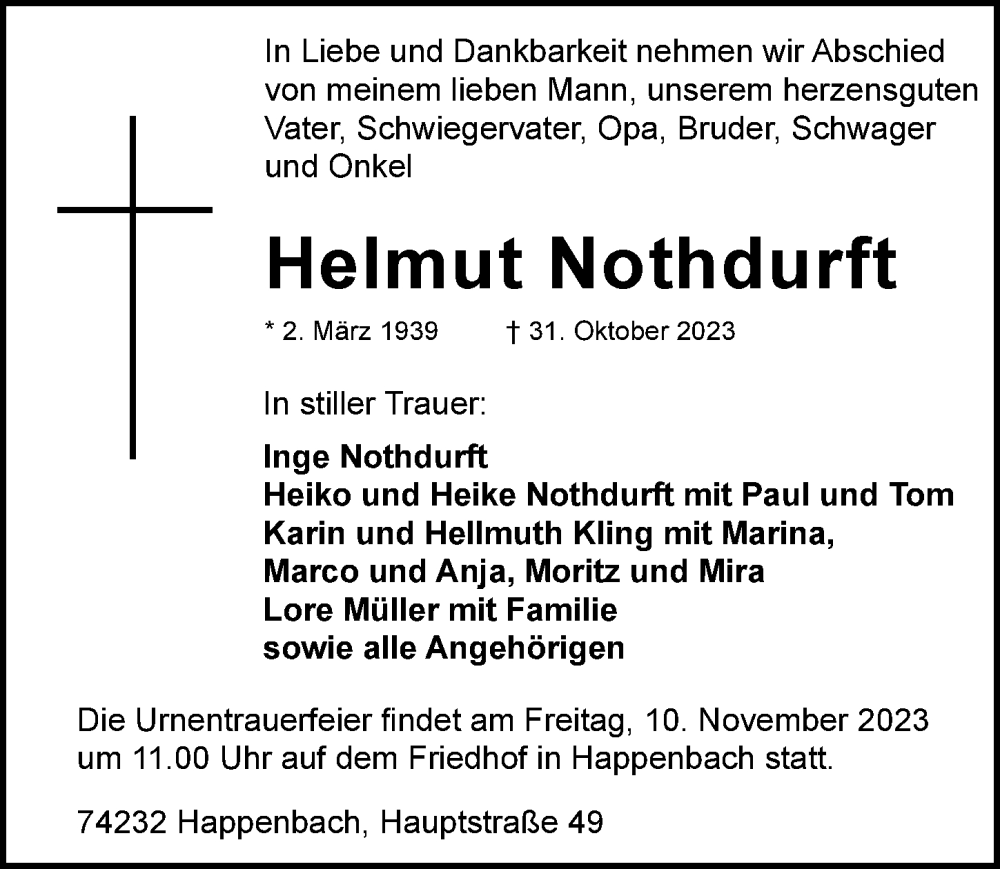  Traueranzeige für Helmut Nothdurft vom 04.11.2023 aus GESAMT