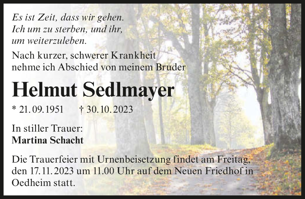  Traueranzeige für Helmut Sedlmayer vom 11.11.2023 aus GESAMT