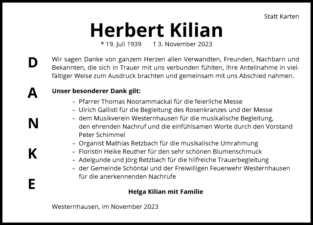  Traueranzeige für Herbert Kilian vom 25.11.2023 aus GESAMT