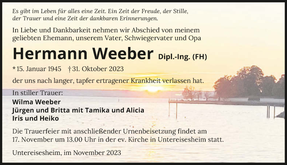  Traueranzeige für Hermann Weeber vom 11.11.2023 aus GESAMT