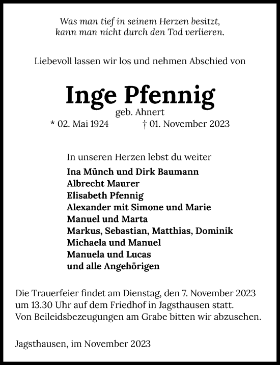 Traueranzeige von Inge Pfennig von GESAMT