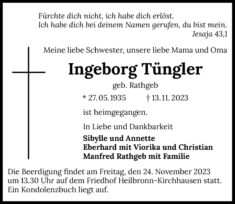  Traueranzeige für Ingeborg Tüngler vom 18.11.2023 aus GESAMT