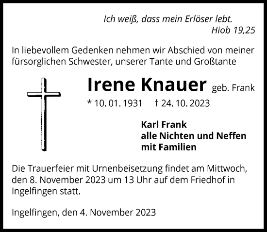 Traueranzeige von Irene Knauer von GESAMT
