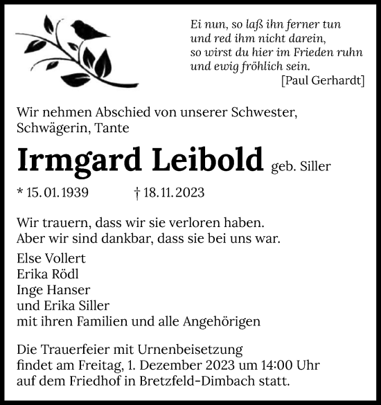 Traueranzeige von Irmgard Leibold von GESAMT
