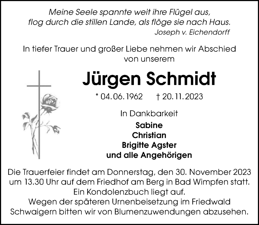 Traueranzeige für Jürgen Schmidt vom 25.11.2023 aus GESAMT