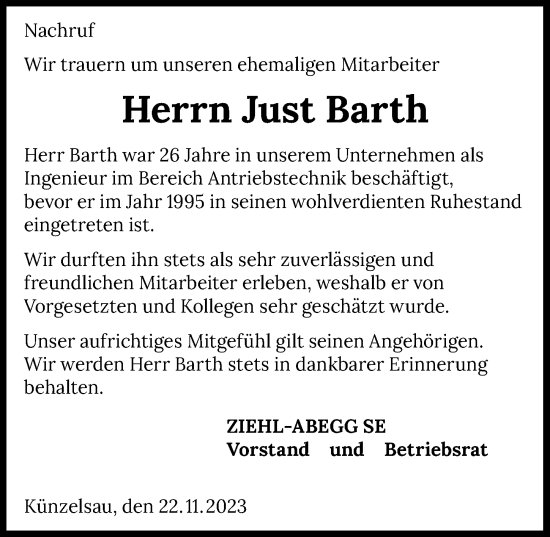 Traueranzeige von Just Barth von GESAMT