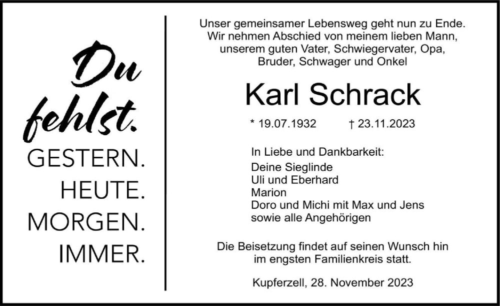  Traueranzeige für Karl Schrack vom 28.11.2023 aus GESAMT