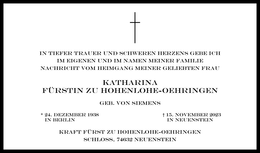  Traueranzeige für Katharina Fürstin zu Hohenlohe-Oehringen vom 22.11.2023 aus GESAMT
