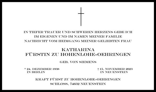 Traueranzeige von Katharina Fürstin zu Hohenlohe-Oehringen von GESAMT