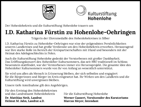 Traueranzeige von Katharina zu Hohenlohe-Oehringen von GESAMT