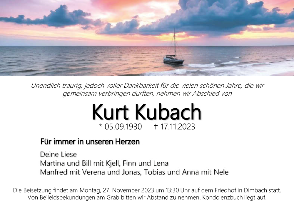  Traueranzeige für Kurt Kubach vom 23.11.2023 aus GESAMT