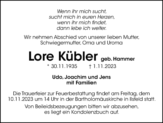 Traueranzeige von Lore Kübler von GESAMT
