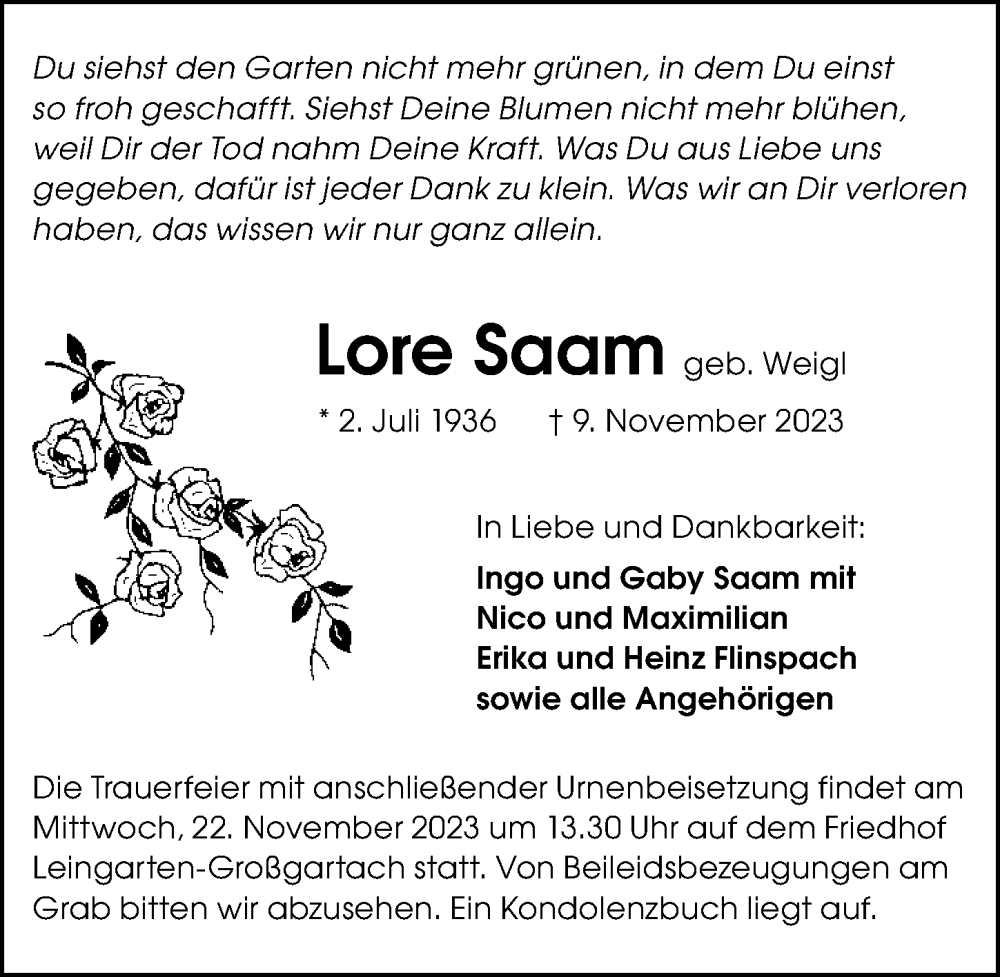  Traueranzeige für Lore Saam vom 18.11.2023 aus GESAMT