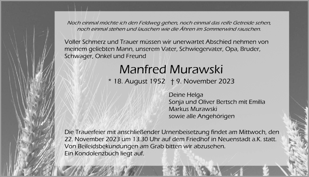  Traueranzeige für Manfred Murawski vom 17.11.2023 aus GESAMT