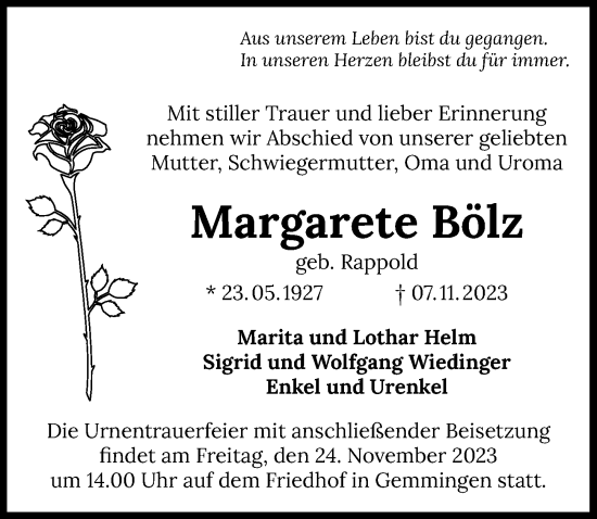 Traueranzeige von Margarete Bölz von GESAMT