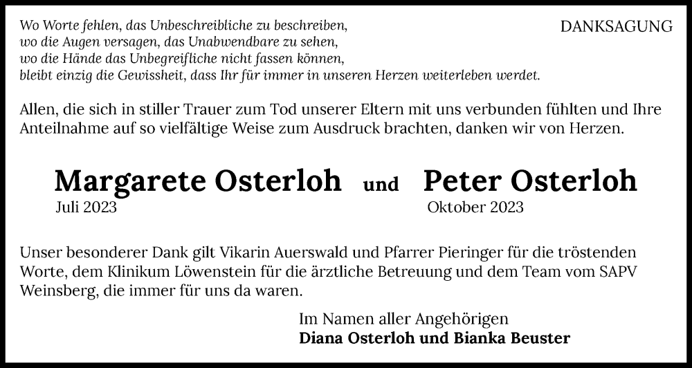  Traueranzeige für Margarete Osterloh vom 11.11.2023 aus GESAMT