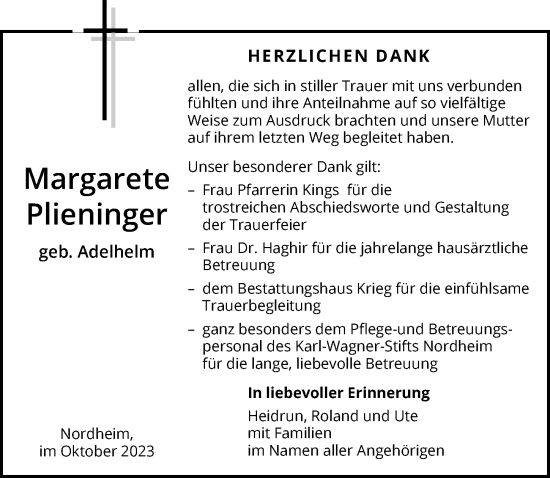 Traueranzeige von Margarete Plieninger von GESAMT