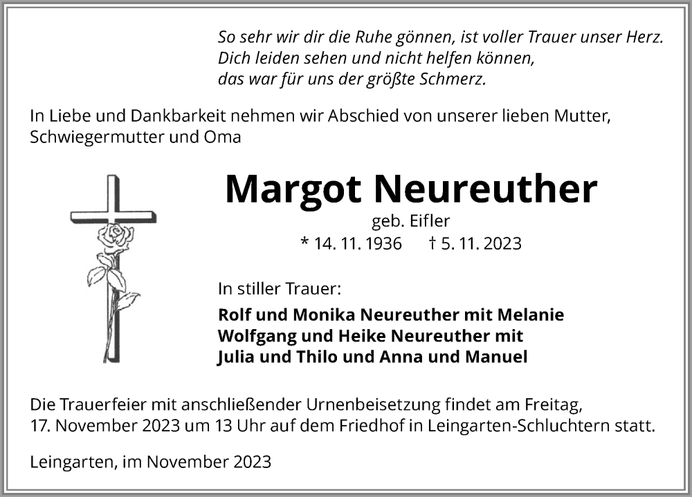  Traueranzeige für Margot Neureuther vom 11.11.2023 aus GESAMT