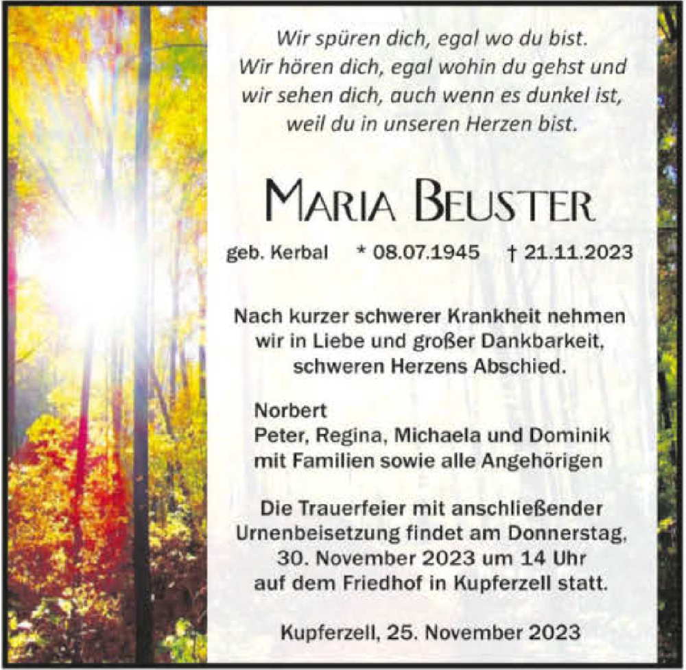  Traueranzeige für Maria Beuster vom 25.11.2023 aus GESAMT