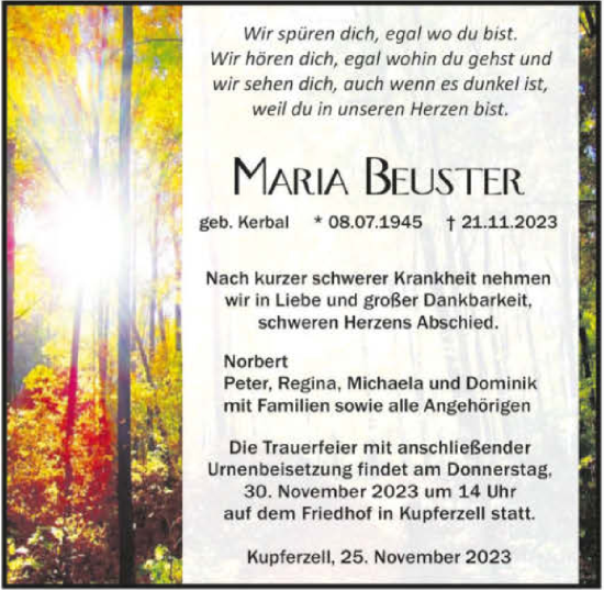 Traueranzeige von Maria Beuster von GESAMT