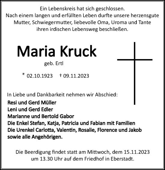 Traueranzeige von Maria Kruck von GESAMT