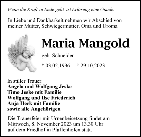 Traueranzeige von Maria Mangold von GESAMT
