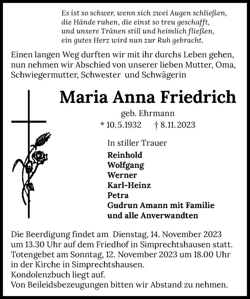  Traueranzeige für Maria Anna Friedrich vom 11.11.2023 aus GESAMT
