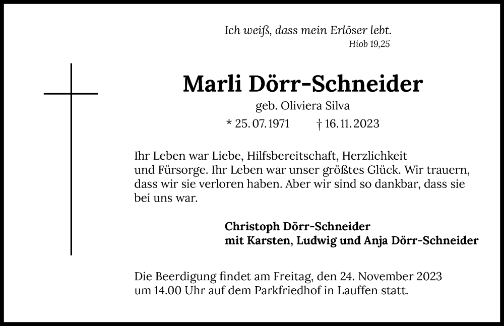  Traueranzeige für Marli Dörr-Schneider vom 18.11.2023 aus GESAMT