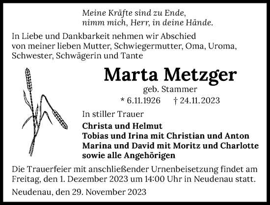 Traueranzeige von Marta Metzger von GESAMT