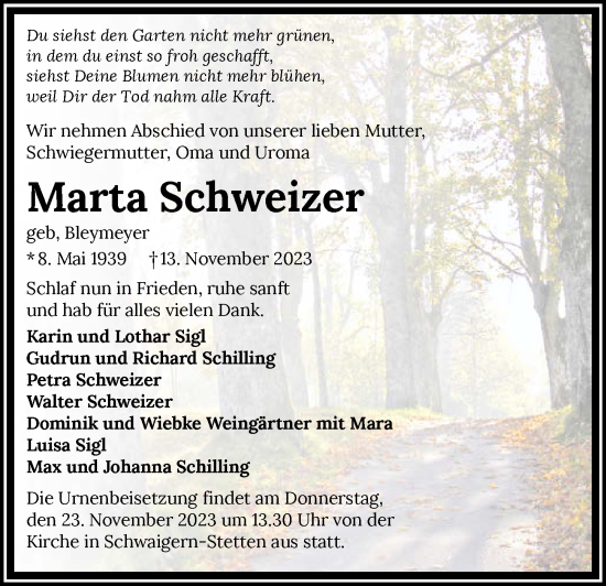 Traueranzeige von Marta Schweizer von GESAMT