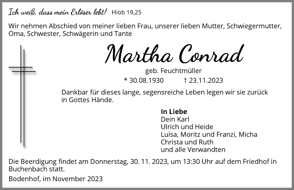  Traueranzeige für Martha Conrad vom 28.11.2023 aus GESAMT