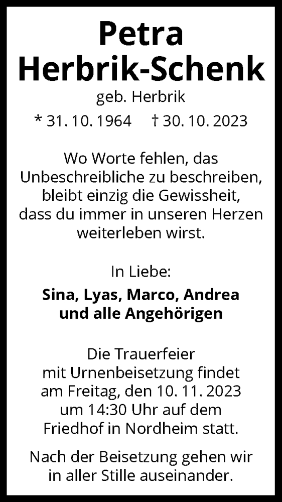  Traueranzeige für Petra Herbrik-Schenk vom 07.11.2023 aus GESAMT